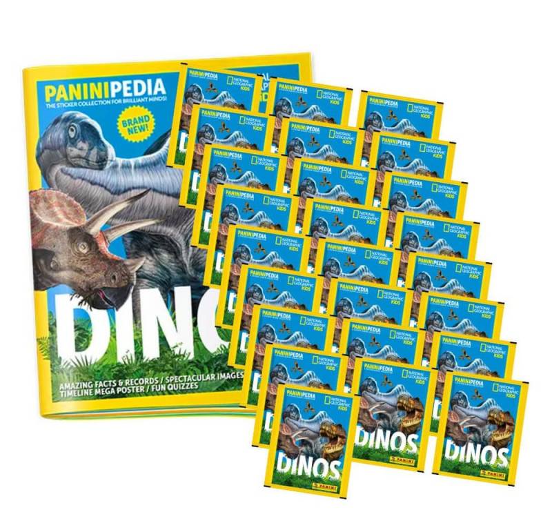 Panini Sticker PaniniPedia Dinos Sticker - Dinosaurier Sammelsticker (2023) - 1 Album, (Set), PaniniPedia Dinos Sticker - 1 Album + 25 Tüten Sammelsticker von Panini