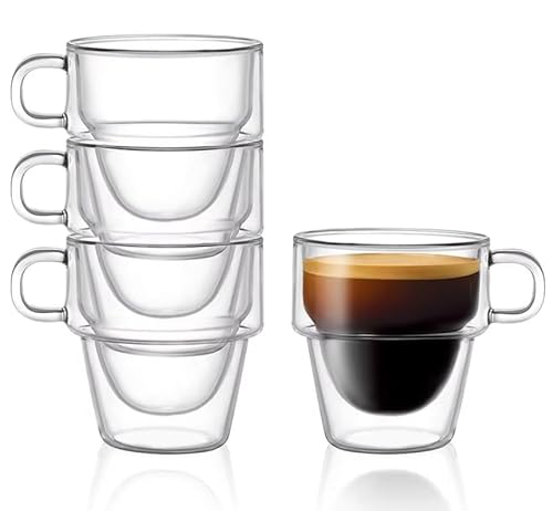 Panlouting 4 Pack | Doppelschichtige Isolierte Espresso Kaffeetasse aus Glas | 150ml Espresso Glastasse mit Henkel | Stapelbares Klares Thermoglas Panlouting 4 Pack | Doppelschichtige Isolierte Espresso Kaffeetasse aus Glas | 150ml Espresso Glastasse mit Henkel | Stapelbares Klares Thermoglas von Panlouting