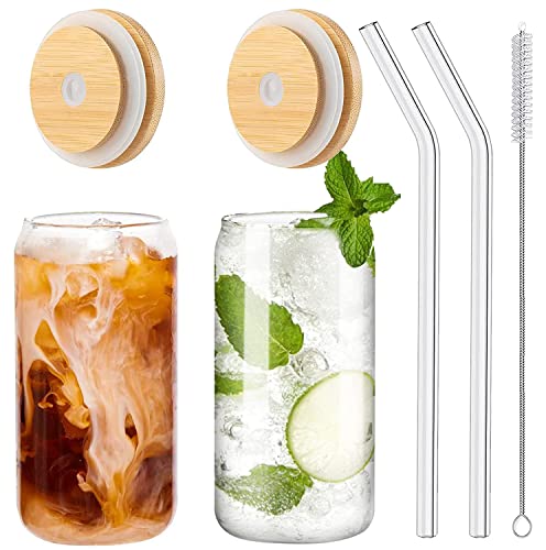 Panngu Bubble Tea Becher mit Deckel und Strohhalm 2er Set, Trinkgläser mit Bambusdeckel und Glasstrohhalm Eiskaffee Gläser für Ice Coffee, Cocktail, Smoothie Glas, Beer, Cold Cups 480ML von Panngu