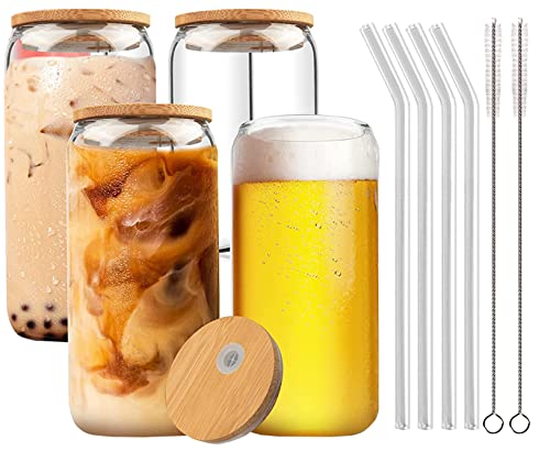 Panngu Bubble Tea Becher mit Deckel und Strohhalm 4er Set, Aesthetic Trinkgläser mit Bambusdeckel und Glasstrohhalm Eiskaffee Gläser für Ice Coffee, Cocktail, Smoothie Glas, Beer von Panngu