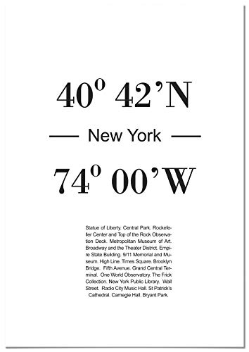 Panorama Aluminium Dibond Bild Koordinaten von New York 70 x 100 cm - Gedruckt auf qualitativ hochwertigem Aluminium Dibond Weiß - Wandbild Wohnzimmer - Bilder Schlafzimmer Vintage - Deko Hause von Panorama