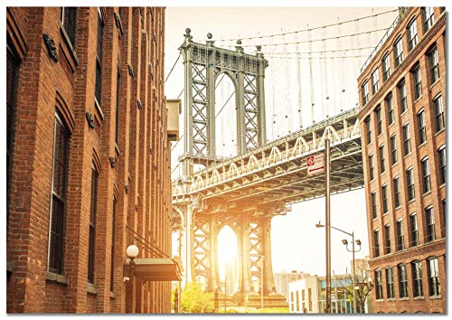 Panorama Aluminium Dibond Weiß Brooklyn Bridge New York 70 x 50 cm - Gedruckt auf qualitativ hochwertigem Alu-Dibond Weiß - Wandbild Wohnzimmer - Bilder Schlafzimmer - Bilder Vintage Stadt von Panorama