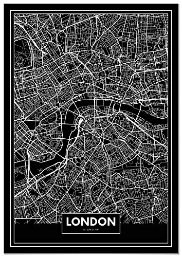 Panorama Aluminium Dibond Weiß Karte Schwarz von London 50 x 70 cm- Gedruckt auf qualitativ hochwertigem Aluminium Dibond Weiß - Wandbild Wohnzimmer - Bilder Schlafzimmer Vintage - Deko Hause von Panorama