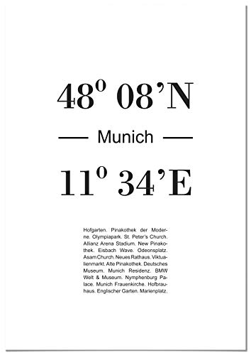 Panorama Poster Koordinaten von München 35 x 50 cm - Gedruckt auf qualitativ hochwertigem Poster - Wandbild Wohnzimmer - Poster Schlafzimmer - Bilder Stadt - Poster Vintage - Deko Hause von Panorama