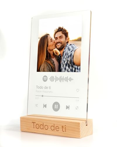 Panorama Spotify Glas Personalisiert Weiß 21x30cm - Aus Methacrylat mit Holzsockel - Cover Glas Foto mit Bild - Spotyfie Glasplatte Bild - Originelles Geschenk von Panorama