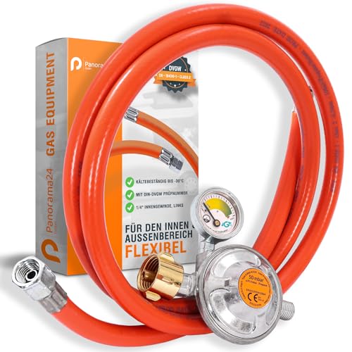 Gasschlauch Set bestehend aus Gasdruckregler 50 mbar mit Manometer und Sicherheitsventil sowie flexiblem Gasschlauch 150 cm - ideal für Gasgrills, Heizstrahler, Hockerkocher, Gaskocher, Lampen, uvm. von Panorama24