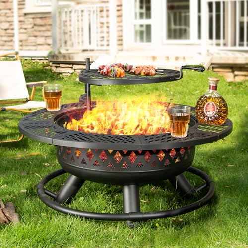 Panovue 91,4 cm große Feuerstelle mit Grill, Holzfeuerstelle für den Außenbereich mit Deckel und Feuerschürhaken, runder Metall-Feuerstelle, Tisch, 3-in-1 mit Grillrost, Outdoor-Feuerstelle für Hof, von Panovue