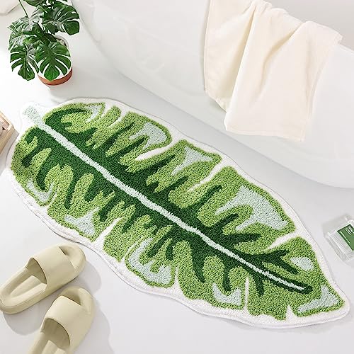 Panstar Green Leaf Badematte, große Bananenblatt-Pflanze, Badezimmerläufer, Teppich, rutschfest, saugfähig, niedlich, Palmenform, Badematte, Plüsch, Duschteppich, 114,4 x 50,8 cm von Panstar