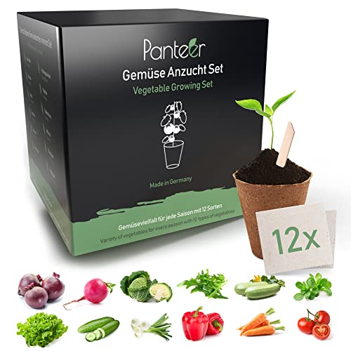 Panteer ® Anzuchtset Gemüsesamen - 12er Set - Mit Holzschilder und Kokoserde - Saatgut Gemüse Samen - MADE IN GERMANY - Garten Zubehör von Panteer