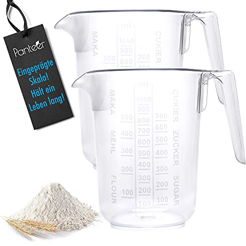 Panteer ® Messbecher 1L - Eingeprägte Skala - Unlösbar und spülmaschinengeeignet - Ideal als Küchenhelfer und Back Zubehör (2er Set) von Panteer