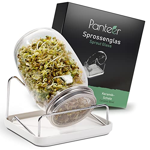 Panteer ® Sprossenglas Keimglas 940 ml mit Premium Edelstahldeckel und Sieb (Typ 316) - Inklusive eleganter Keramikschale und Metallhalter - Ideales Keimglas für üppige & effiziente Sprossenzucht (1) von Panteer