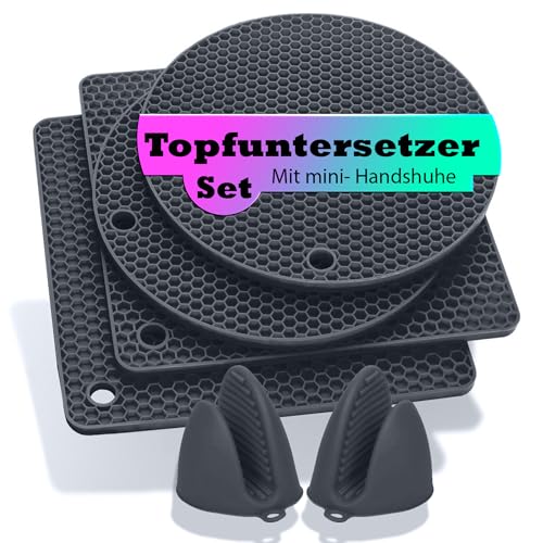 Pantelej Topfuntersetzer Set aus Silikon 2 Ofenhandschuhe 2 Topfuntersetzer rund 2 Topfuntersetzer quadratisch multifunktional flexibel hitzebeständig rutschfest für Töpfe Pfannen (Dunkel Grau) von Pantelej