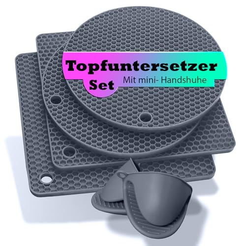 Pantelej Topfuntersetzer Set aus Silikon 2 Ofenhandschuhe 2 Topfuntersetzer rund 2 Topfuntersetzer quadratisch multifunktional flexibel hitzebeständig rutschfest für Töpfe Pfannen (Hell Grau) von Pantelej