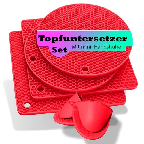 Pantelej Topfuntersetzer Set aus Silikon 2 Ofenhandschuhe 2 Topfuntersetzer rund 2 Topfuntersetzer quadratisch multifunktional flexibel hitzebeständig rutschfest für Töpfe Pfannen (Rot) von Pantelej