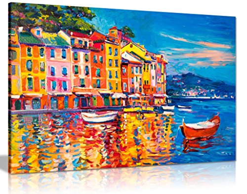 Buntes Ölgemälde Boote Meer Hafen Leinwand Kunstdruck (45,7 x 30,5 cm) von Panther Print