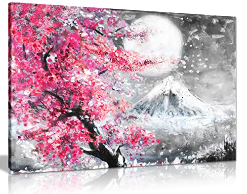 Kunstdruck auf Leinwand, Motiv japanische Kirschblüten, 30 x 20 cm, Pink/Schwarz/Weiß von Panther Print