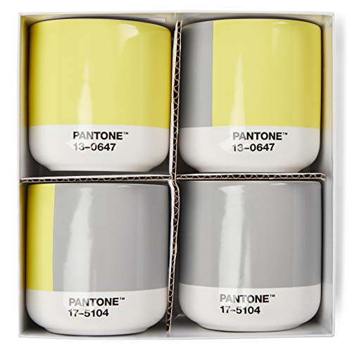 Pantone doppelwandiger Porzellan-Thermobecher Cortado, ohne Henkel, 190ml, CoY 2021 Illuminating 13-0647 & Ultimate Gray 17-5104, in Geschenkbox, 4er-Set, CoY2021, 4 von Copenhagen Design