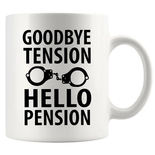 Keramik-Kaffeetasse mit Aufschrift "Goodbye Tension Hello Pension", Geschenk zum Ruhestand, Polizistin, Polizistin, Polizistin, Vater, Mutter, Opa, Ehemann, 325 ml, Weiß Keramik-Kaffeetasse mit Aufschrift "Goodbye Tension Hello Pension", Geschenk zum Ruhestand, Polizistin, Polizistin, Polizistin, Vater, Mutter, Opa, Ehemann, 325 ml, Weiß von Panvola