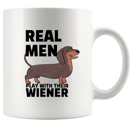 Keramiktasse mit Aufschrift "Real Men Play With Their Wiener", lustiger Dackel, Weiner, Hund, Vater, Geschenk, Ehemann, Hundeliebhaber, Geschenk, Neuheit, Trinkgeschirr, 325 ml, Weiß von Panvola