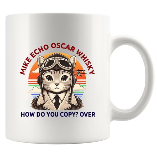 Keramiktasse mit Katzenpiloten, Mike Echo Oscar, Whisky, Katzenliebhaber, Geschenk, für Mutter, Vater, Pilot, Luftfahrt, Studenten, Zukunft, Pilot, Neuheit, Trinkgeschirr, 325 ml, Weiß Keramiktasse mit Katzenpiloten, Mike Echo Oscar, Whisky, Katzenliebhaber, Geschenk, für Mutter, Vater, Pilot, Luftfahrt, Studenten, Zukunft, Pilot, Neuheit, Trinkgeschirr, 325 ml, Weiß von Panvola