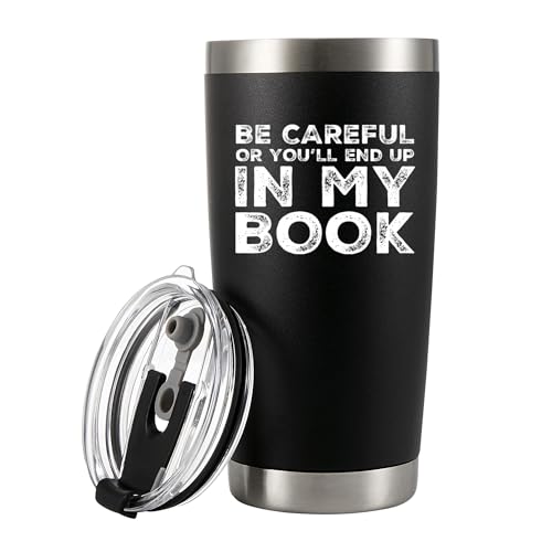 Panvola Be Careful Or You'll End Up In My Book Writer Vakuumisolierter Becher aus Edelstahl mit abnehmbarem Deckel und Strohhalm, 590 ml, Schwarz von Panvola