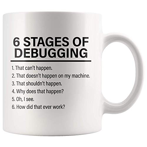 Stages of Debugging Computer-Programmierer, Geschenk, lustige Programmierbecher, Geek Nerd, 325 ml, weiße Kaffeetasse von Panvola