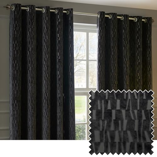 Paoletti Manhattan Lichtfilterung Ösenvorhänge, Paar – Eleganter, geometrisch strukturierter Samt mit gefüttertem Ringverschluss (Holzkohle – 168x229cm) von Paoletti
