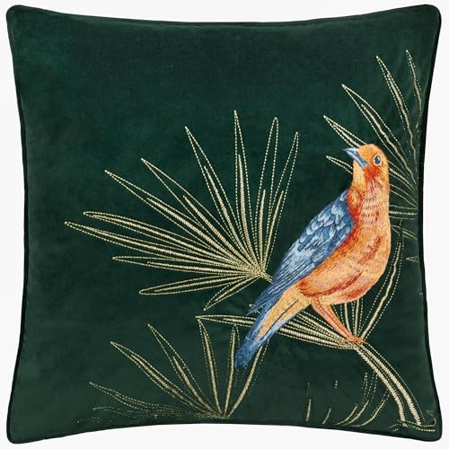 Paoletti Odisha Exotic Bird Besticktes Kissen mit Polyesterfüllung – Smaragd – 45 x 45 cm von Paoletti