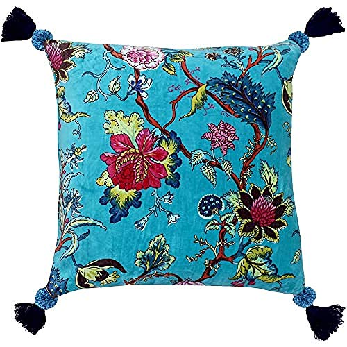 Riva Paoletti Tree Of Life Kissenbezug - Eisvogel Blue - Floral Chinoiserie-Druck - Pompom Quaste Corners - Maschinenwaschbar - 100% Baumwolle - 50 X 50 Cm (20" X 20" Zoll) - Entwickelt In Großbritann von Paoletti