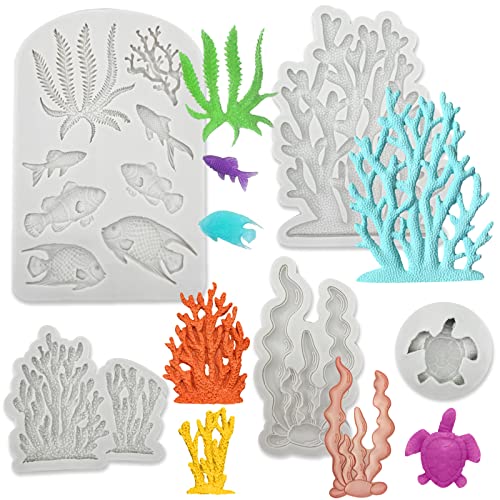 5 stück 3D Marine Thema Silikonform Koralle Schildkröte Fisch Silikon Fondant Formen Ozean Tier Backform Set Fondantform für Marine Thema DIY handgemachte Muschel Seestern Tortendeko von Paotxpum