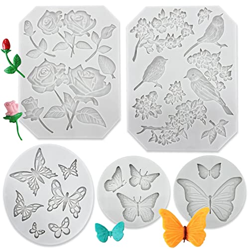 Paotxpum 5 Stück Rose Schmetterling Vogelform Silikon Backformen Silikon Form Schokolade Kuchenform, Süßigkeiten 3D Backform Kuchen Dekorieren DIY Werkzeuge Fondant Moulds für Dekorieren Eine Kuchen von Paotxpum