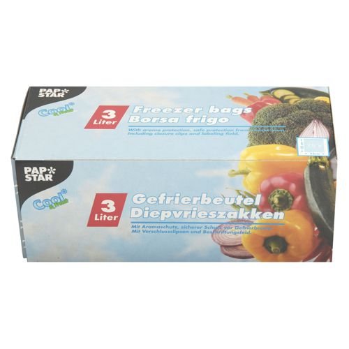 PAPSTAR 75 Gefrierbeutel 3L, 32cm x 25cm, transparent, mit Clip, wiederverwendbar, Kunststoff, LLDPE, einweg, nicht mikrowellengeeignet, Produkte in Displaybox von PAPSTAR