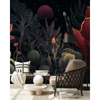 Abstrakte Dunkle Tapete Mit Pflanze Und Blume | Wanddekoration Hausrenovierung Wandkunst Vinyl-Tapete Zum Abziehen Aufkleben Oder Nicht Selbstklebend von PapayaWallsShop