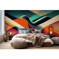 Abstrakte Tapete Mit Retro-Wellen in Grün Und Rot | Wanddekoration Hausrenovierung Wandkunst Vinyl-Tapete Zum Abziehen Aufkleben Oder Nicht von PapayaWallsShop