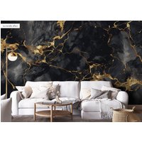 Abstraktes Wandbild Aus Schwarzem Und Gelbem Marmor | Wanddekoration Hausrenovierung Wandkunst Vinyl-Tapete Zum Abziehen Aufkleben Oder Nicht von PapayaWallsShop