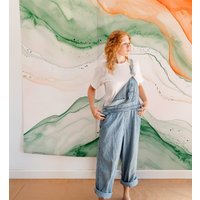 Aquarellgrüne Und Orangefarbene Tapete | Wanddekoration Hausrenovierung Wandkunst Vinyl-Tapete Zum Abziehen Aufkleben Oder Nicht Selbstklebend von PapayaWallsShop