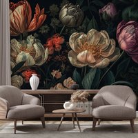 Dunkle Blütentapete, Blumenstrauß | Wanddekoration Hausrenovierung Wandkunst Vinyl-Tapete Zum Abziehen Und Aufkleben Oder Nicht Selbstklebend von PapayaWallsShop