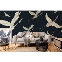 Fliegende Kraniche Tapete | Vogel-Wand-Dekor Hausrenovierung Wandkunst Vinyl-Tapete Zum Abziehen Und Aufkleben Oder Nicht Selbstklebend von PapayaWallsShop