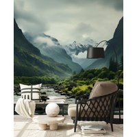 Landschaftstapete Mit Berg Und Fluss | Wanddekoration Hausrenovierung Wandkunst Vinyl-Tapete Zum Abziehen Aufkleben Oder Nicht Selbstklebend von PapayaWallsShop