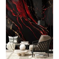 Schwarz-Rotes, Dunkles Marmor-Wandbild | Wanddekoration Hausrenovierung Wandkunst Vinyl-Tapete Zum Abziehen Und Aufkleben Oder Nicht Selbstklebend von PapayaWallsShop
