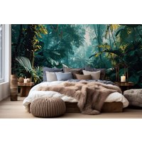 Tropenwald-Wandbild in Grün Und Blau | Wanddekoration Hausrenovierung Wandkunst Vinyl-Tapete Zum Abziehen Aufkleben Oder Nicht Selbstklebend von PapayaWallsShop