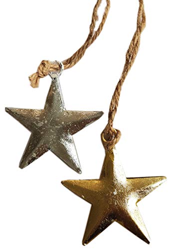 Pape Kunstgewerbe 2 schöne Sterne in Gold und Silber aus Metall je7 cm mit Hanfband zum Aufhängen. Weihnachtsdeko von Pape Kunstgewerbe