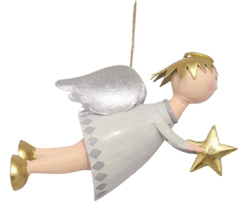 Pape dekorativer Fliegender Deko Engel mit goldenem Sternchen aus Metall in hellgrau oder Creme - weinrot zum Hängen in jeweils 2 verschiedenen Größen (hellgrau, klein) von Pape