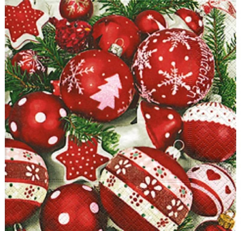 Paper+Design Papierserviette 20 COCKTAIL SERVIETTEN 25x25cm Christbaumkugeln rot weiß von Paper+Design