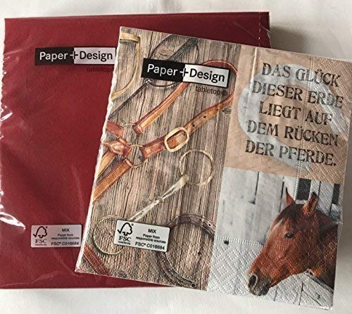 Paper & Design Servietten - Set Pferdekopf - Modell: Pferd dunkelrot 24 x 40x40cm + 20 x 33x33cm von Paper & Design