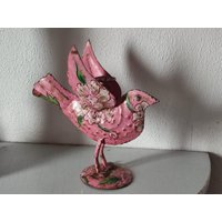 Frankreich Vintage Brocante Kerzenständer Vogel Metall Kerzenhalter Handbemalt Handmade Bird Pink Flower Painted Shabby Patina Decoration von PaperShopVintage