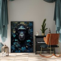 Affe Portrait Mit Blauen Blumen Poster Premium Ap3070/Animal Art Wandbild Wandbilder von PapergramArt