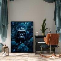 Gorilla Portrait Mit Blauen Blumen Poster Premium Ap3074/Animal Art Wandbild Wandbilder von PapergramArt