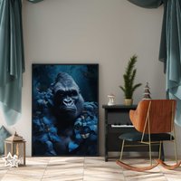 Gorilla Portrait Mit Blauen Blumen Poster Premium Ap3076/Animal Art Wandbild Wandbilder von PapergramArt