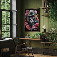 Gorilla Portrait Mit Blumen Und Schmetterlinge Poster Premium P785/Animal Art Wandbild Wandbilder von PapergramArt